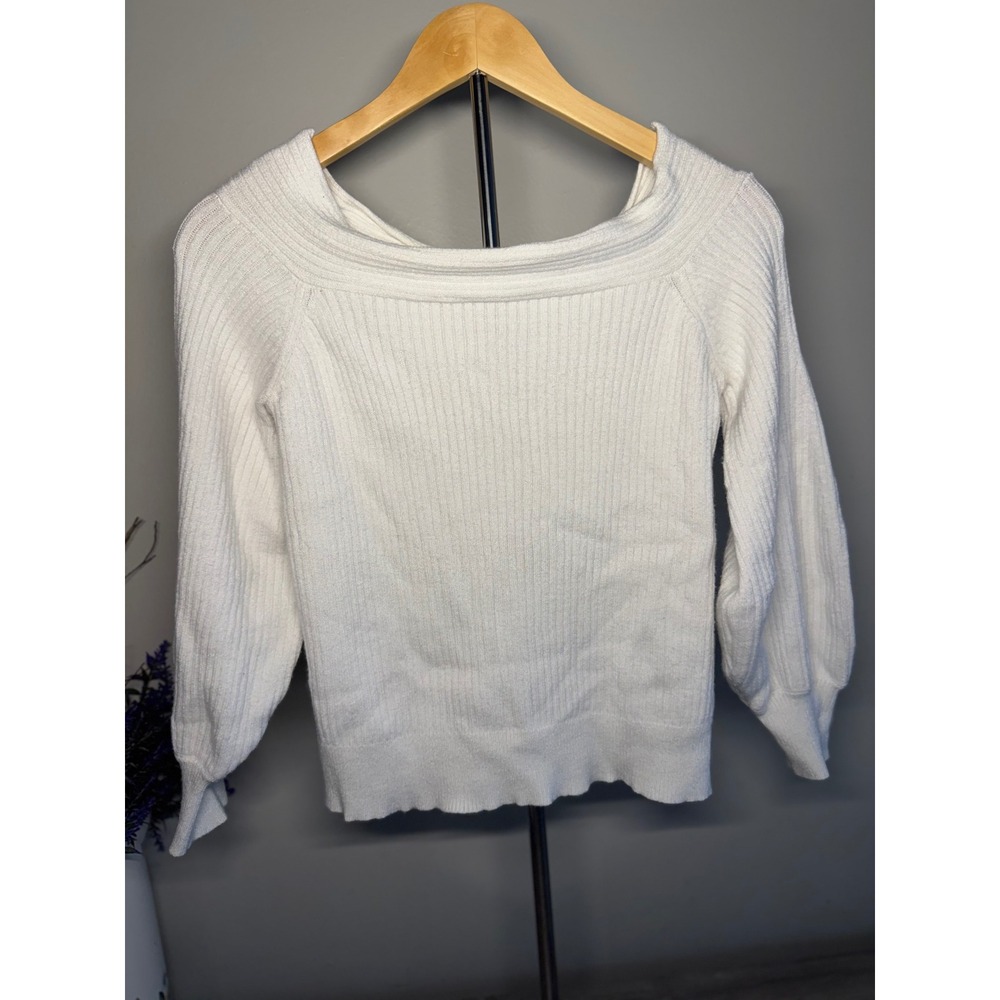 VICI White Ribbed Off The Shoulder Balloon Sleeve Knit Sweater Small